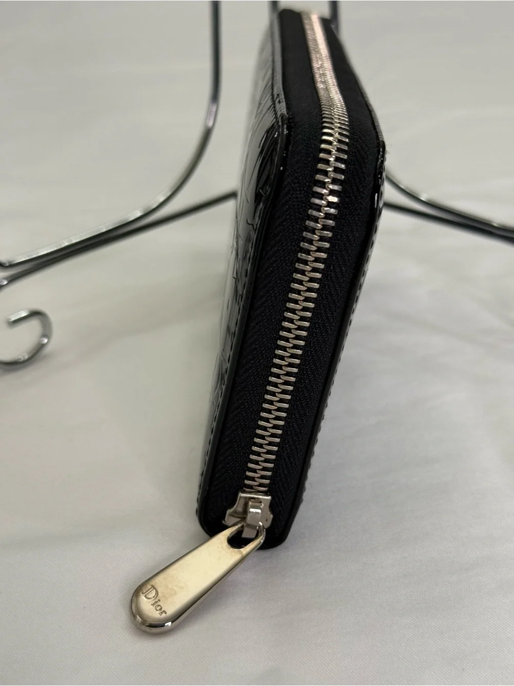 Dior Black Patent Embossed Zip Wallet